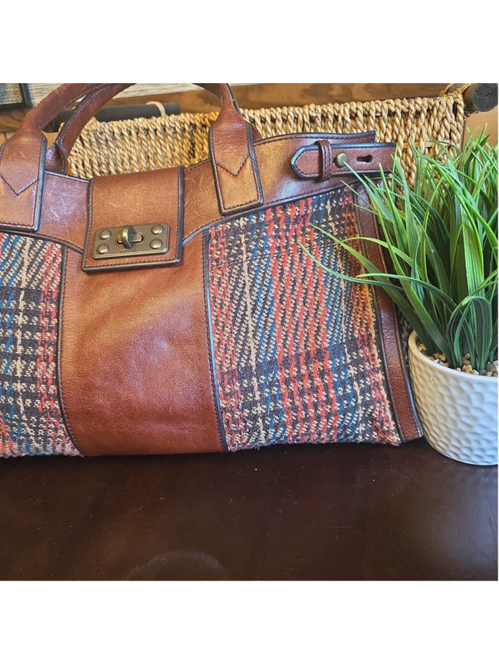 Fossil Leather Vintage And Tweed Satchel Shoulder Tote Bag - Picture 4 of 9